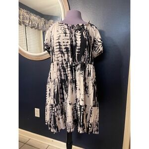 Tribal  black White Tie Dye Tiered Short Sleeve Casual Dress G/L